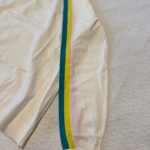 white crew neck sweater with color stripes on sleeves, large - Picture 3 of 8